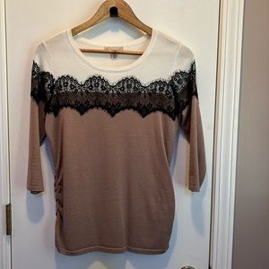 Tri color 3/4 sleeve sweater with black lace detail. Synched sides. Very pretty!
